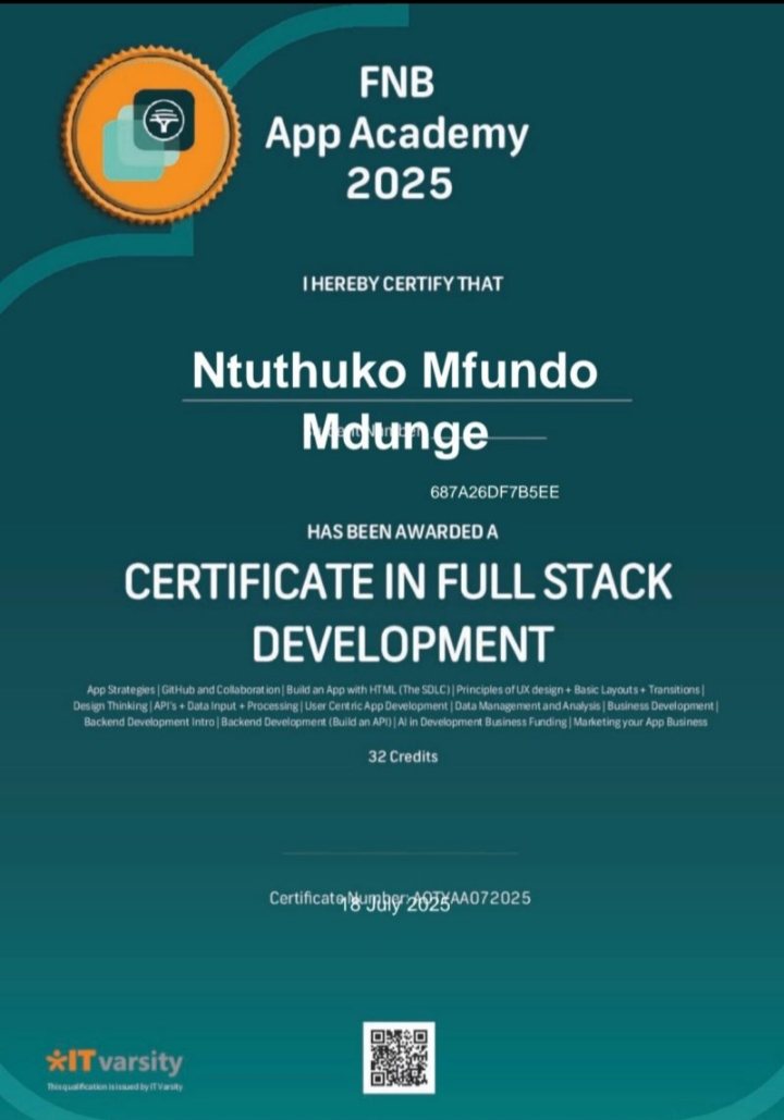 FNB App Academy certificate in Full Stack Development