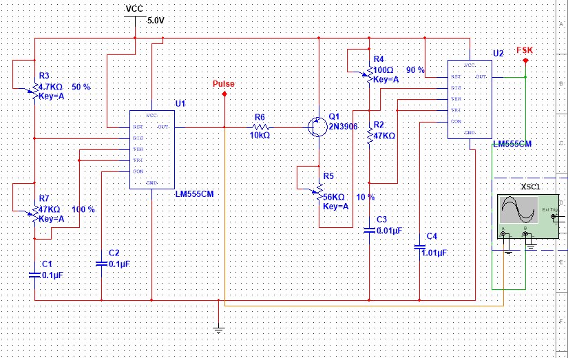 FSK modulator circuit with transistor switch and timing components